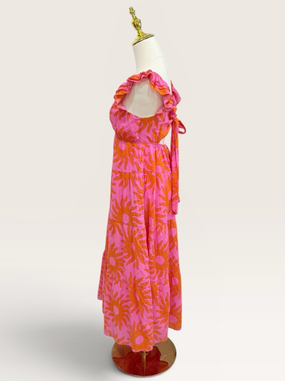 J.Marie Mara Ruffle Strap Tie Back Pink Orange Sun Print Cotton Midi Dress NWT - Picture 5 of 16